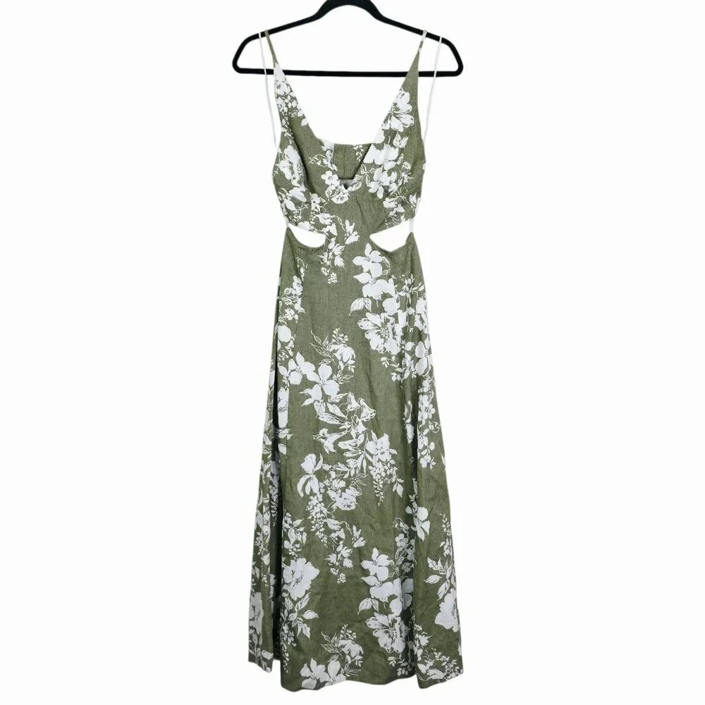 Reformation Samara Midi Dress Willow Green Floral Linen Cut Out Open Back Size 2 - Picture 3 of 11